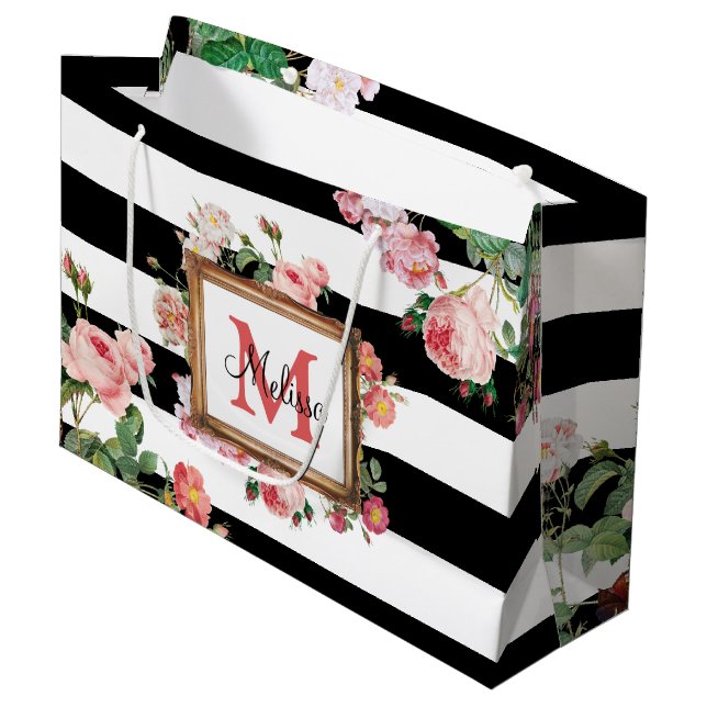 Vintage Streifen und Floral Monogramm Große Geschenktüte (Vorderseite Schrägansicht)