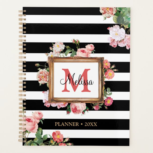 Vintage Streifen und Floral Monogramm Planer (Vorderseite)