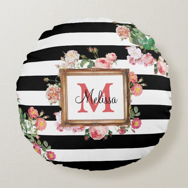 Vintage Streifen und Floral Monogramm Rundes Kissen (Vorderseite)