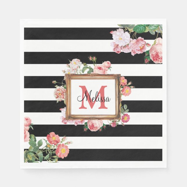 Vintage Streifen und Floral Monogramm Serviette (Vorderseite)