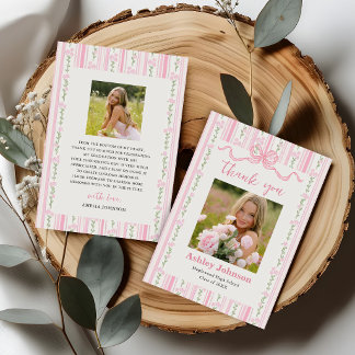 Vintage Stripes Pink Bow Graduation Photo Dankeskarte