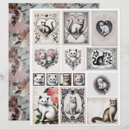 Vintage Style Black and Pink Kitten Illustrations