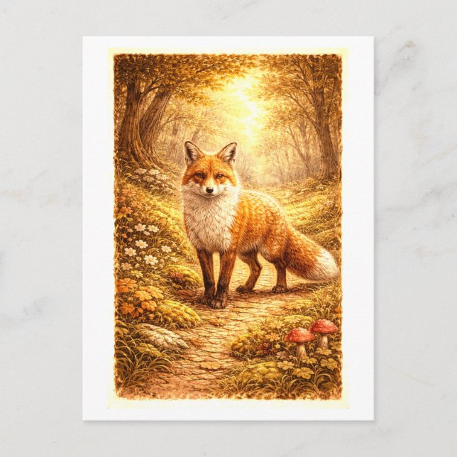 Vintage-Style Fox in Forest Illustration Postkarte (Vorderseite)