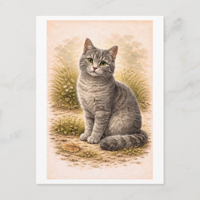 Vintage-Style Gray Cat Illustration Postkarte (Vorderseite)