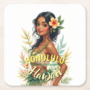 Vintage-Style Hawaii-Reise Honolulu Hula-Mädchen Rechteckiger Pappuntersetzer