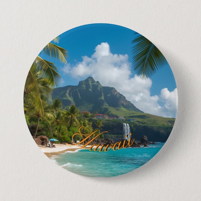 Vintage Style Hawaiianischer Blauer Meer Palmen Hi Button (Vorderseite)
