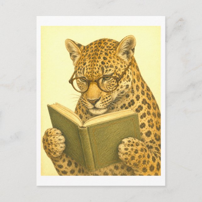 Vintage-Style Leopard Lesen Postkarte (Vorderseite)