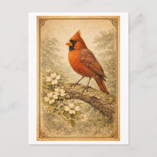 Vintage-Style Male Cardinal Illustration Postkarte (Vorderseite)