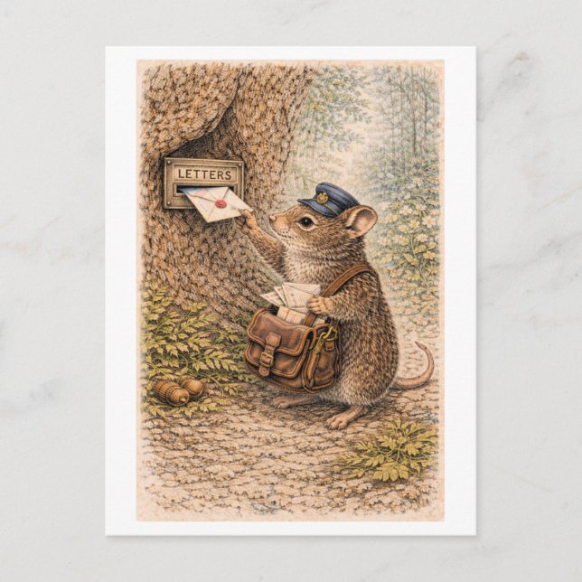 Vintage-Style Mouse as Mailman Illustration Postkarte (Vorderseite)