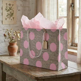 Vintage Style Rosa Tupfen auf Jute Große Geschenktüte
