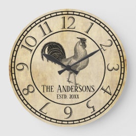 Vintage Style Rustic Rooster Family Name Große Wanduhr
