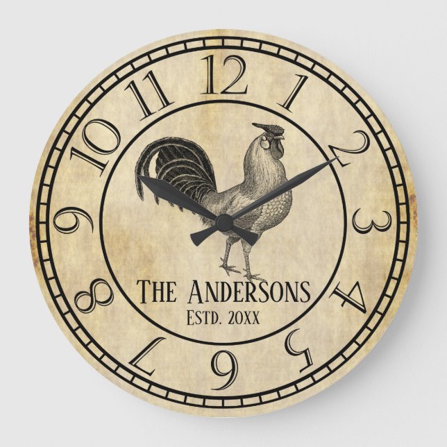 Vintage Style Rustic Rooster Family Name Große Wanduhr (Vorderseite)