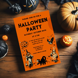 Vintage-Style Schwarze und Orange Halloween-Party Einladung