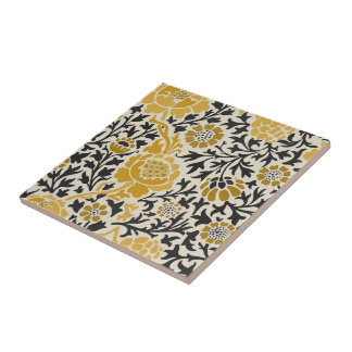 Vintage-style yellow and black floral  pattern fliese
