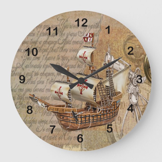 Vintage Stylish Ship Design Große Wanduhr (Vorderseite)