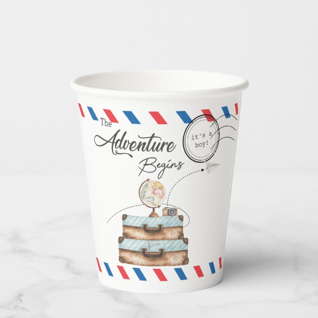 Vintage Suitcase Baby Shower Boy Adventure Postal Pappbecher (Rückseite)