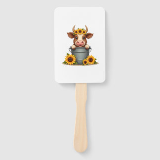 Vintage Sunflower Highland Cow in Bucket Floral Fa Fächer