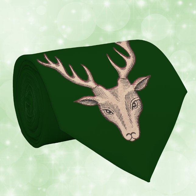 Vintage Surreal-Hirschkopfantler Krawatte (Head of brown male surreal deer with antlers on dark forest green neck tie.)