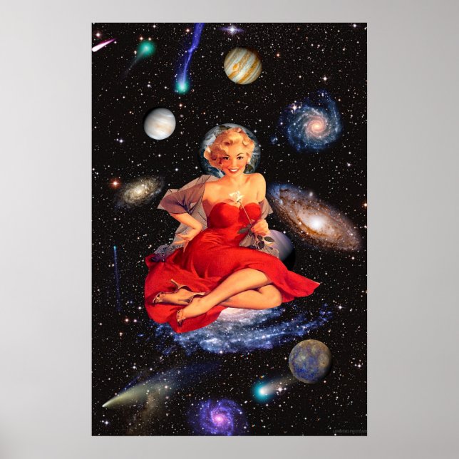 Vintage surreale Galaxie schöne Frau Collage Art Poster (Vorne)