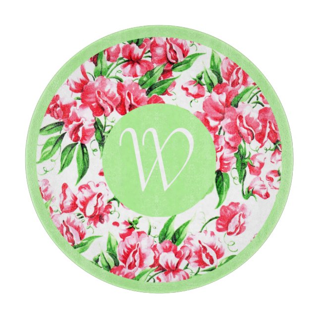Vintage, süße Erbsenblüte mit Grenz und Monogramm Schneidebrett (Vorderseite)