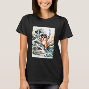 Vintage Süße Piratenkatze reitet auf Hai Lustige J T-Shirt