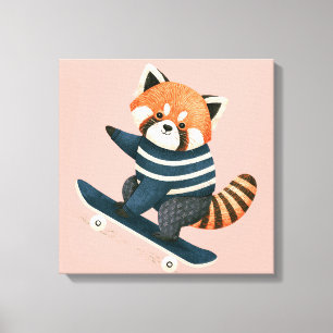 Vintage süße Rote-Panda-Waschbär-Skateboardfahren Leinwanddruck