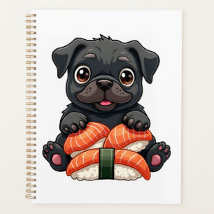 Vintage süße schwarze Pug-Sushi-Cartoon-Vektor-Ill Planer
