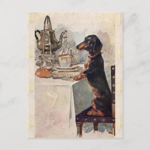 Vintage süßer Dachshund trinkt Tee Postkarte