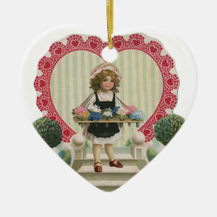 Vintage Süßer Valentinstag, Mädchen mit Blumen Keramik Ornament