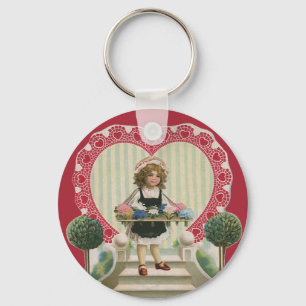 Vintage Süßer Valentinstag, Mädchen mit Blumen Schlüsselanhänger