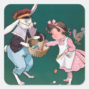 Vintage Süßes Kleines Mädchen Hase Kaninchen Oster Quadratischer Aufkleber