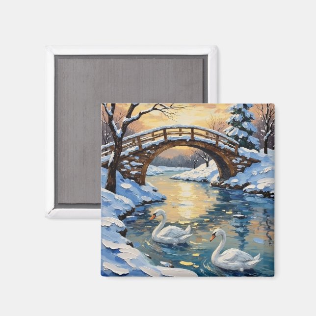Vintage Swan Family Under Snowy Bridge Painting Magnet (Vorderseite/Rückseite)