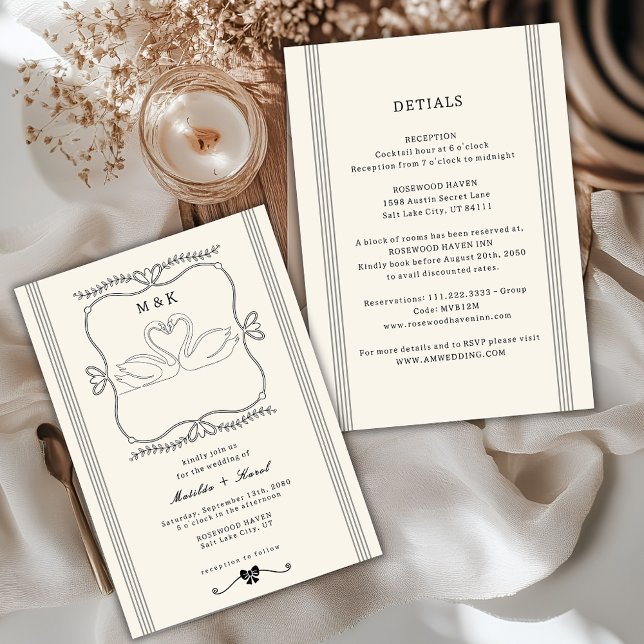 Vintage Swans All In One Monogram Wedding Einladung (Von Creator hochgeladen)