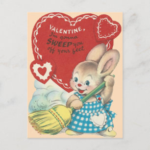 Vintage Sweeping Bunny Valentine Feiertagspostkarte