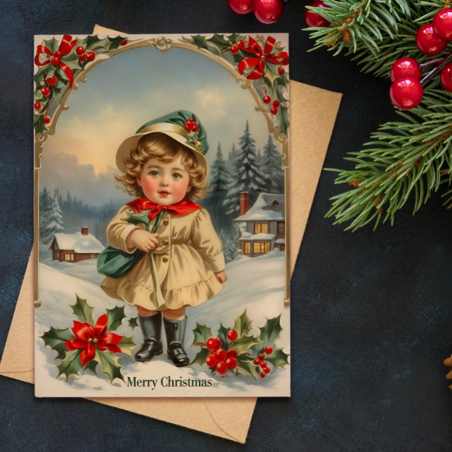 Vintage Sweet Girl Stehend Weihnachtskarte Feiertagskarte (Von Creator hochgeladen)