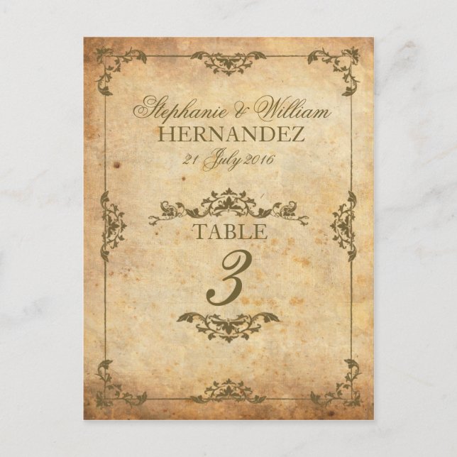 Vintage Swirl Wedding Reception Tischnummer (Vorderseite)