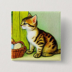 Vintage Tabby Cat Illustration Button