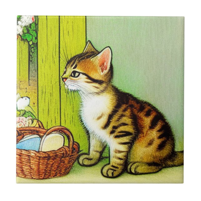 Vintage Tabby Cat Illustration Fliese (Vorderseite)