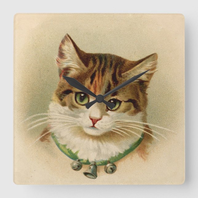 Vintage Tabby Cat Print Quadratische Wanduhr (Vorderseite)