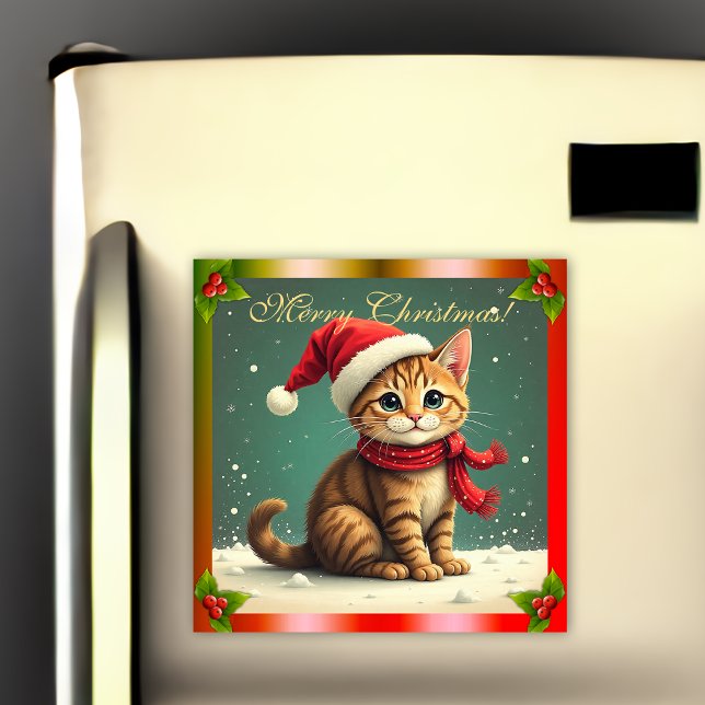 Vintage Tabby Kitten Christmas Card Magnet (Von Creator hochgeladen)