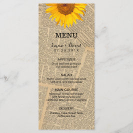 Vintage Tageszeitungen - Country Sunflower Wedding Menükarte