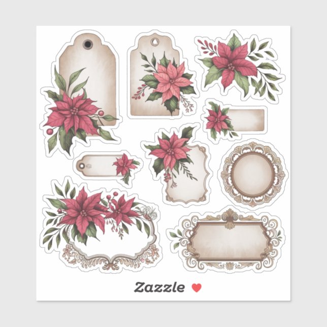 Vintage Tags Ephemera Poinsettia Aufkleber (Blatt)