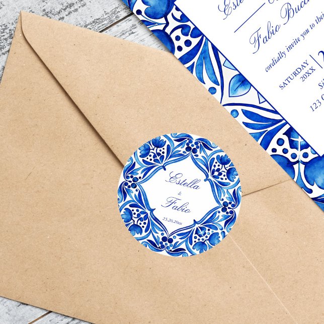 Vintage Talavera Azulejo-Hochzeit Runder Aufkleber (Vintage Talavera Azulejo blue tile bride and groom names wedding envelope Stickers)