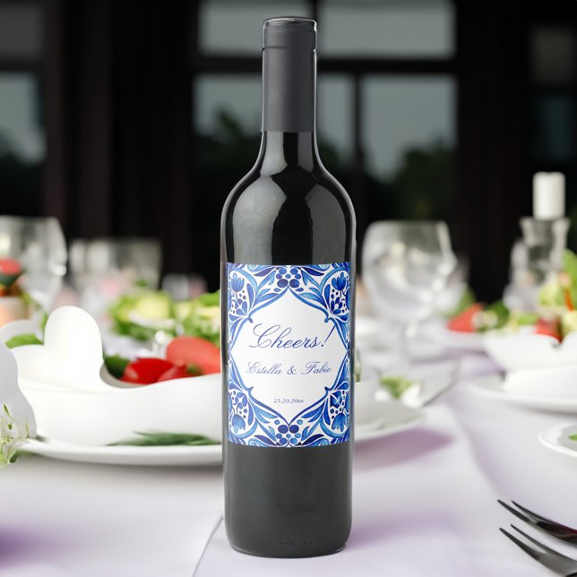 Vintage Talavera Azulejo-Hochzeit Weinetikett (Vintage Talavera Azulejo blue tiles personalized wedding Wine Labels wedding favors)