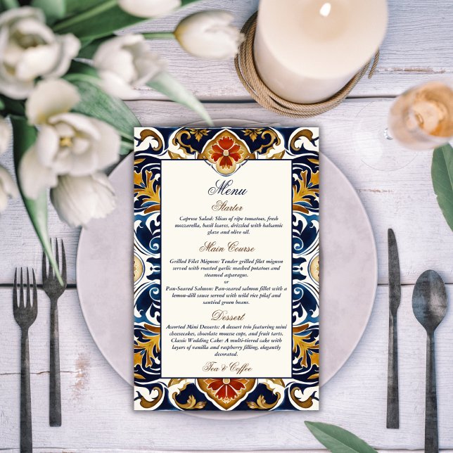 Vintage Talavera Azulejo menu mariage mexicain (Vintage Talavera Azulejo blue tiles Mexican wedding menu card personalized reception table decor)