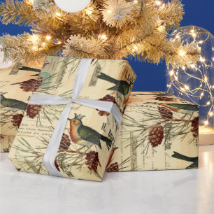 Vintage-Tannen-Zapfen-Weihnachtsvögel Geschenkpapier
