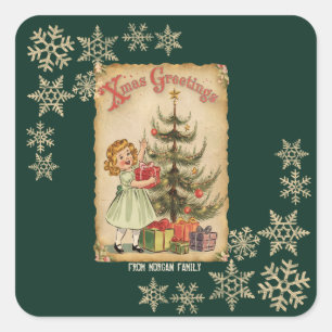 Vintage-Tannenbaum-Weihnachtsgeschenke für kleine  Quadratischer Aufkleber