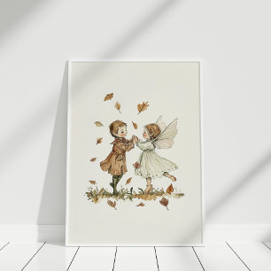 Vintage tanzende Elfen in Herbstlaub-Kunst Poster