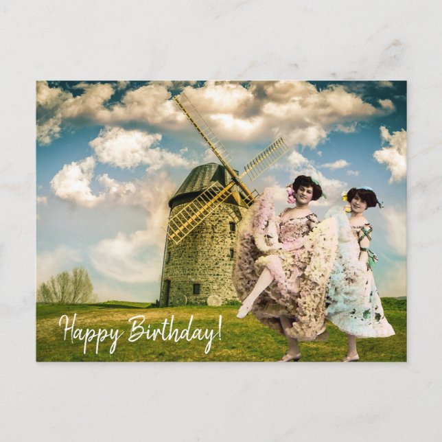 Vintage Tanzmädchen und Windmühle Geburtstag Postkarte (Vorderseite)