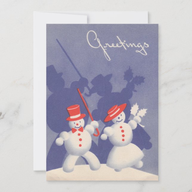 Vintage Tanzschneemänner im Schnee Feiertagskarte (Vorderseite)